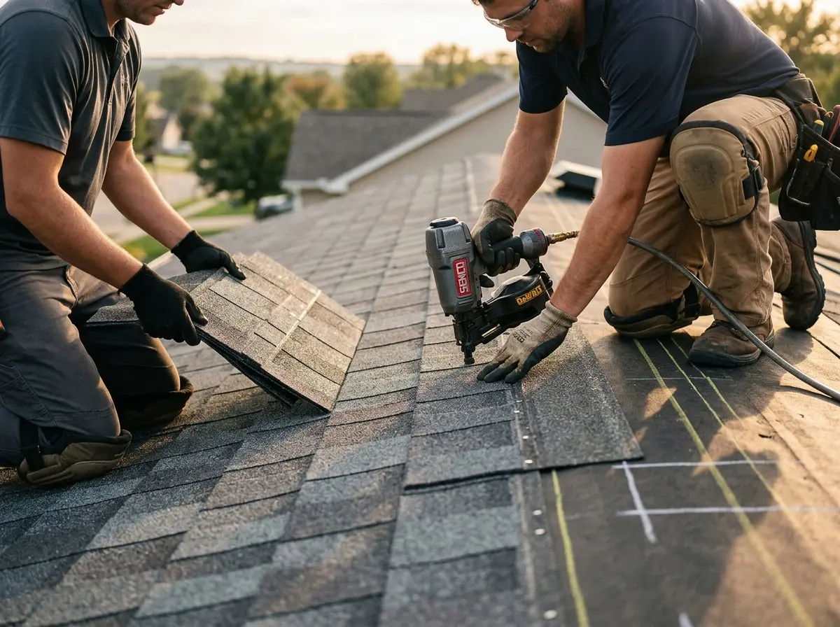 Professional roofer working on a residential roof in New Haven